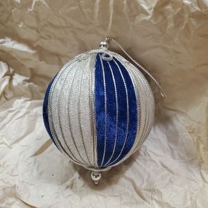 Set of two beaded blue and silver ball ornaments
